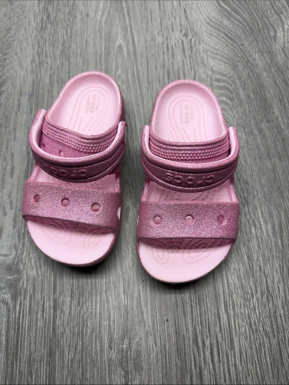 CROCS Girls' Pink Glitter Two‑Strap Slide Sandals